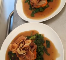 Pork belly with wilted greens, sweet potato mash with a white wine & thyme jus